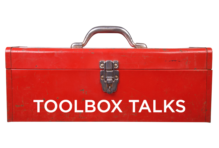 Red toolbox on a white background. In white letters on the toolbox is "Toolbox Talks"